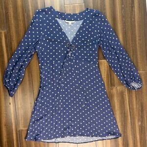 70s Navy Blue Polka Dot Long Sleeve Mini A line Dress, keyhole front tie, V Neck